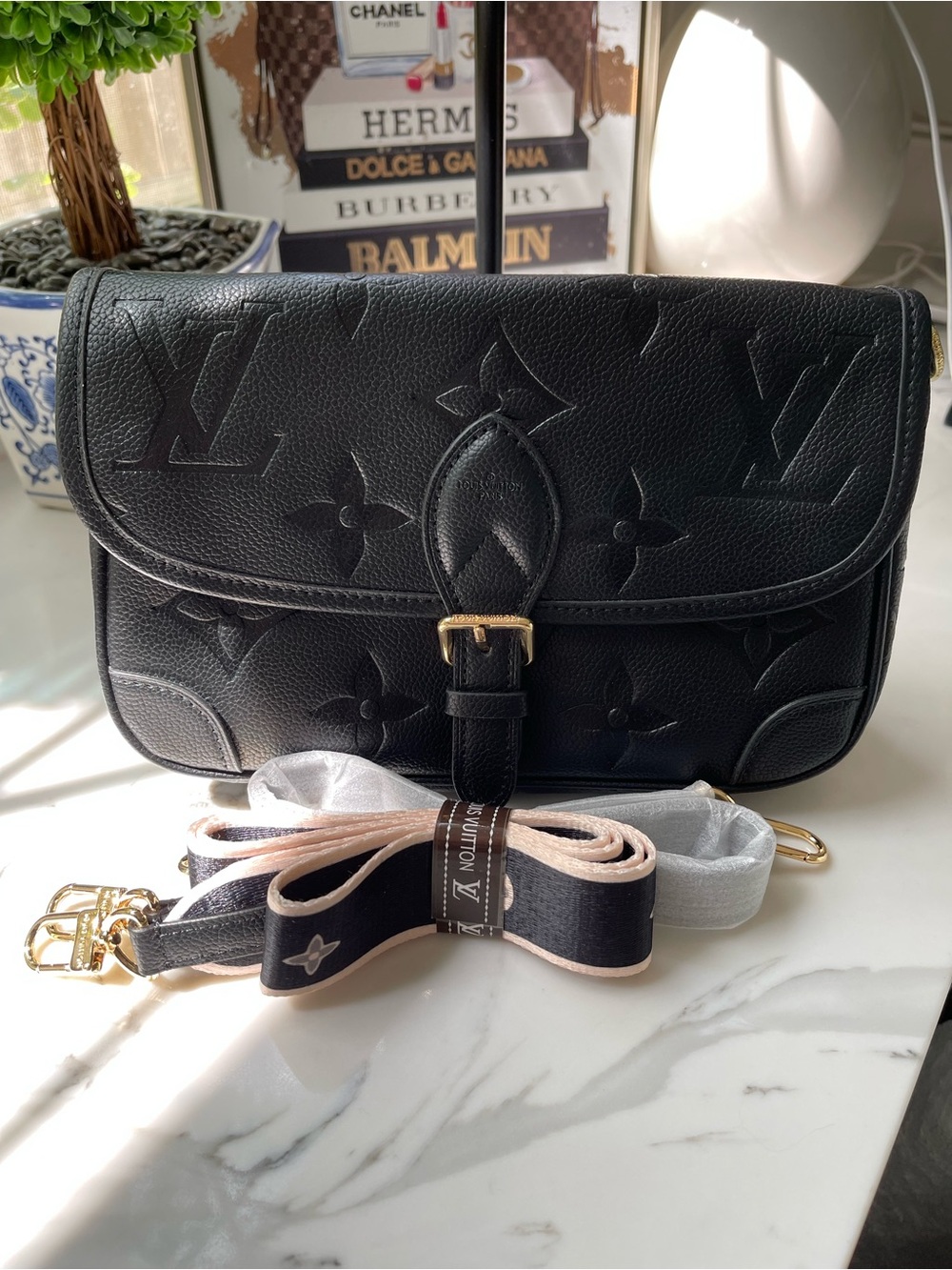 Black Embossed Monogram Shoulder Bag